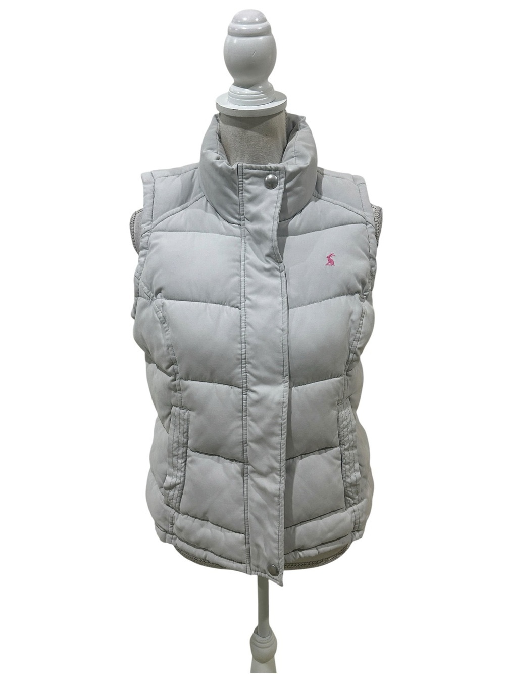 Joules Light Gray Quilted Puffer Vest Pink Logo floral lining zip up size 8